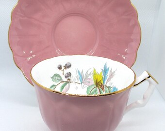 Tasse à thé et soucoupe Aynsley corail/rose vintage. Bone China. Angleterre