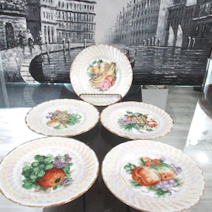 Vintage Set of 5 Fruit Pattern Cake Plates. Japan