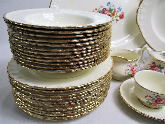 Antique Grindley Creampetal Gold Trim Dinnerware and Tea Sets