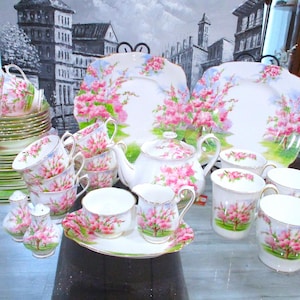 Könnte beinhalten: Ein komplettes Vintage-Teeservice mit weißen Porzellanstücken, die mit rosa Blumendesigns verziert sind. Das Set umfasst Teetassen, Untertassen, Teller, eine Teekanne, einen Sahnekännchen, eine Zuckerdose sowie Salz- und Pfefferstreuer. Das Set ist auf einer Glasoberfläche angeordnet.