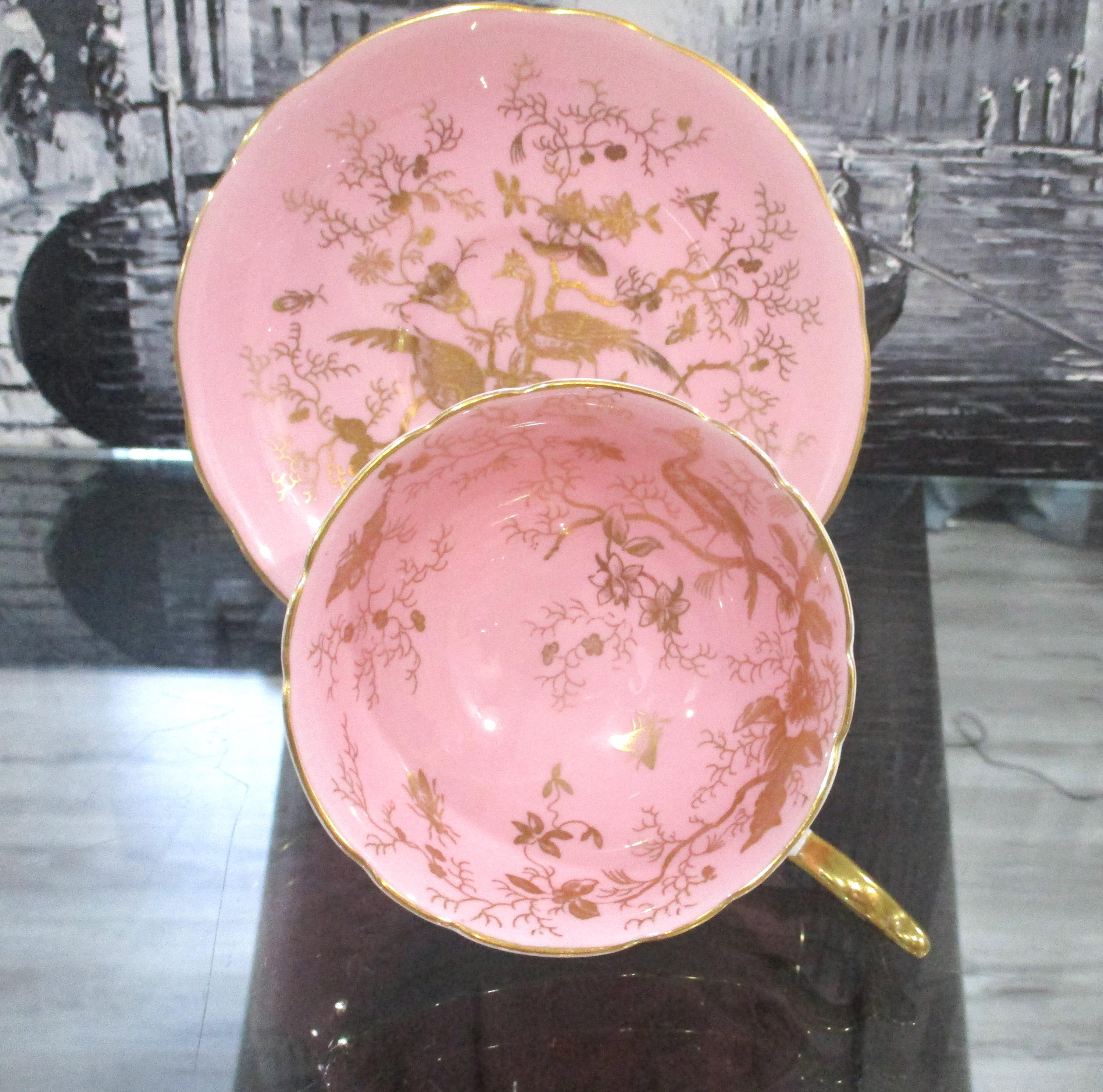 Vintage Pink Coalport Teacup and Saucer With Gold Birds Pattern