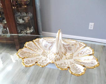 Antique TPM Carl Tielsch Porcelain (KPM Berlin) Gold Double Serving Dish with the Scalloped Leaf Form. Germany