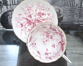 Vintage Coalport Teacup and Saucer with the Pink Birds  Pattern, Bone China. England