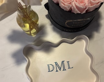 Monogrammed Scalloped White Ceramic Tray, 9" x 7"