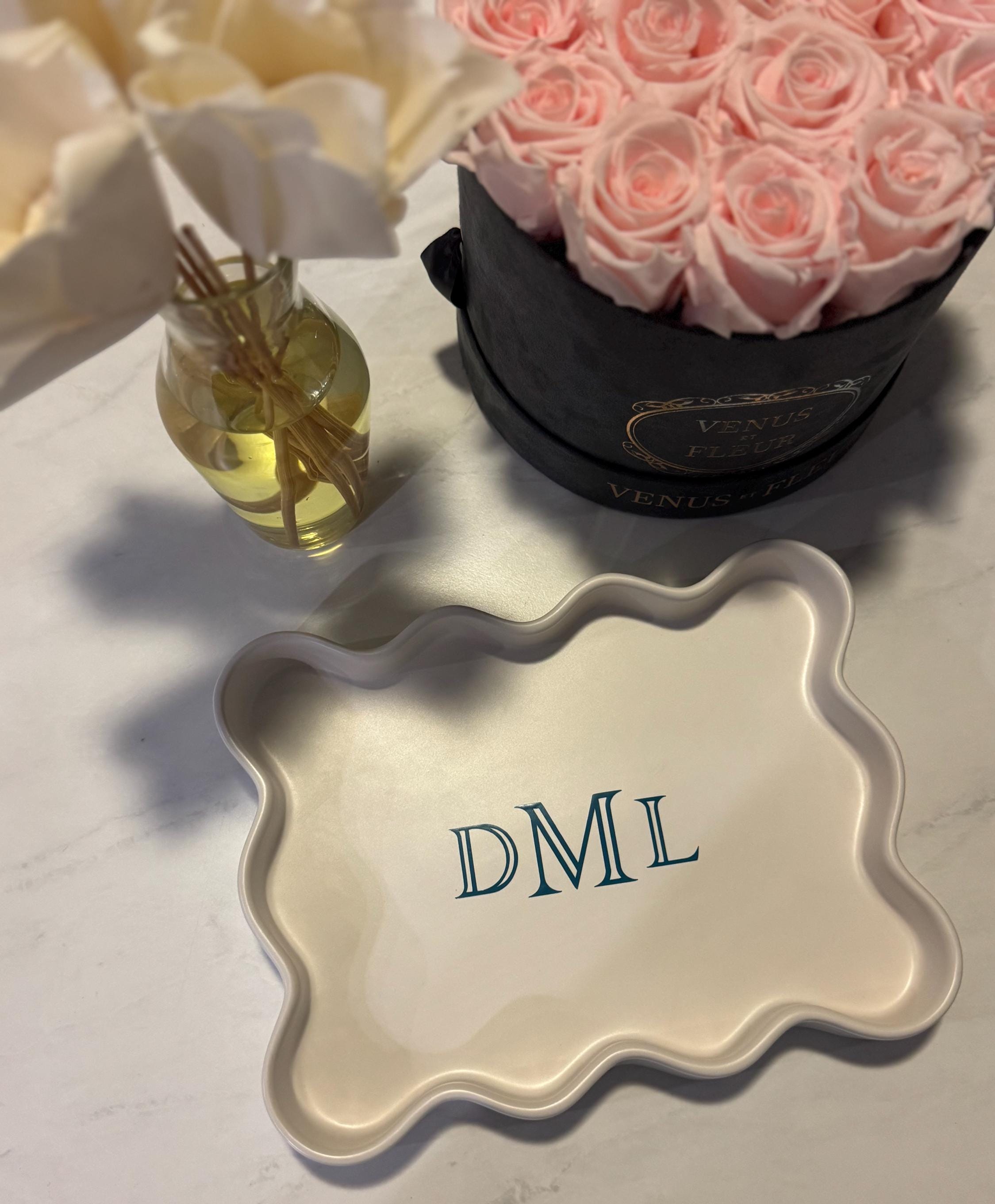 Monogrammed Scalloped White Ceramic Tray, 9" x 7"