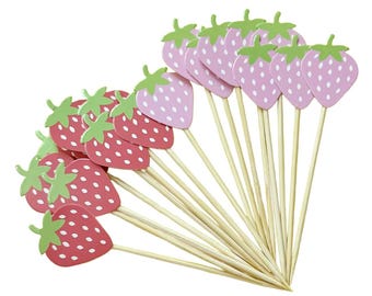 Aardbeiencupcaketoppers set van 10 | Berry eerste verjaardag | Handgemaakt | Rood of roze | Dessertdecor babyshower en zomerfeest