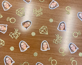 Gepersonaliseerde gezicht vrijgezellenfeest glitter confetti, aanstaande bruid, ring, tafeldecoraties, bruiloftsdecor