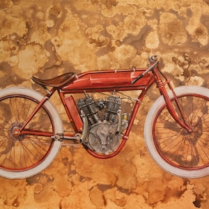 Könnte beinhalten: Ein rotes Vintage-Motorrad mit weiß umrandeten Rädern und einem großen Motor. Das Motorrad ist in Rot lackiert und hat einen braunen Ledersitz.