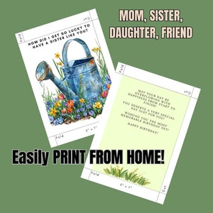 Tarjetas de cumpleaños imprimibles para mamá, hija, hermana, amiga, paquete de 4, tarjeta de felicitación imprimible con regadera para jardín, lista para imprimir, sobre imprimible en formato PDF