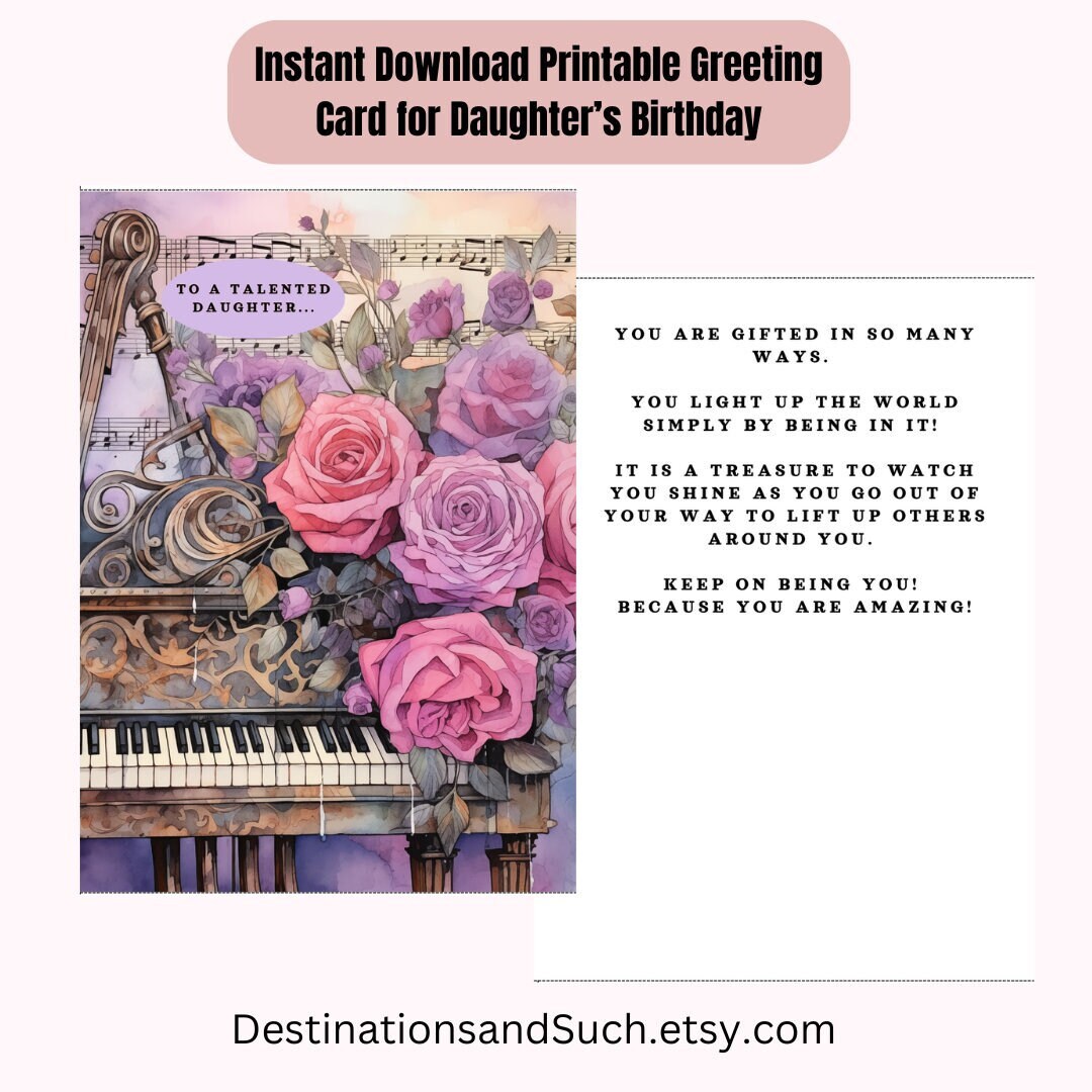 Printable Birthday Card Daughter Piano Music Roses Printable Greeting ...