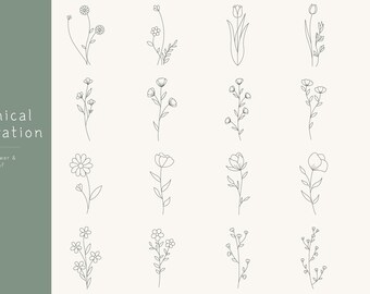 Può includere: Un set di 18 disegni in bianco e nero di vari fiori e foglie. I disegni sono semplici ed eleganti e sarebbero perfetti per l'uso in una varietà di progetti, come biglietti d'auguri, inviti e scrapbooking.