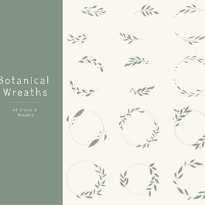 May include: A set of 48 botanical wreaths and crests, featuring simple line drawings of leaves and branches in a light green colour. The designs are perfect for adding a touch of nature to invitations, cards, and other projects.