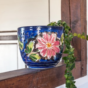 Grote blauwe majolica plantenbak, bloempot, Art Nouveau-stijl