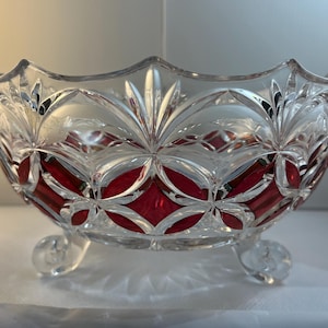 Vintage Art Deco Large Footed Cut Crystal Bowl with Ruby Accents