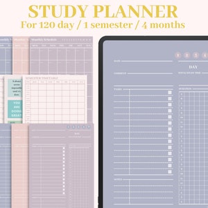May include: A printable study planner with 136 pages, 4 colors, and available in A4 and A6 sizes. The planner is designed for 120 days, 1 semester, or 4 months. The image shows a digital tablet displaying a sample page of the planner.