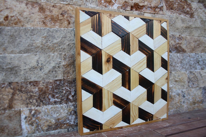Three Dimensional Wall Art Reclaimed Wood Geometric Pattern Decor Cube Rustic