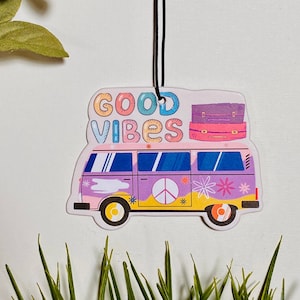 Good Vibes Car Air Freshener with black ice scent, Retro Car decor style, cute hanging air diffuser, back to school gift