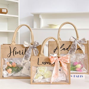 Personalized Bridesmaid Tote Bags/Bachelorette Gift Bag/Jute Bag/Bridesmaid Gift/Burlap Tote With Name/Wedding Favors/Transparent Beach Tote