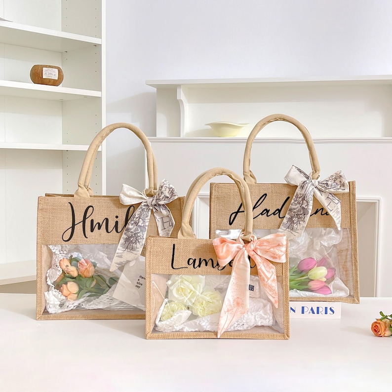 Bridesmaid Beach Bags/custom Jute Bag With Scarf/personalized ...