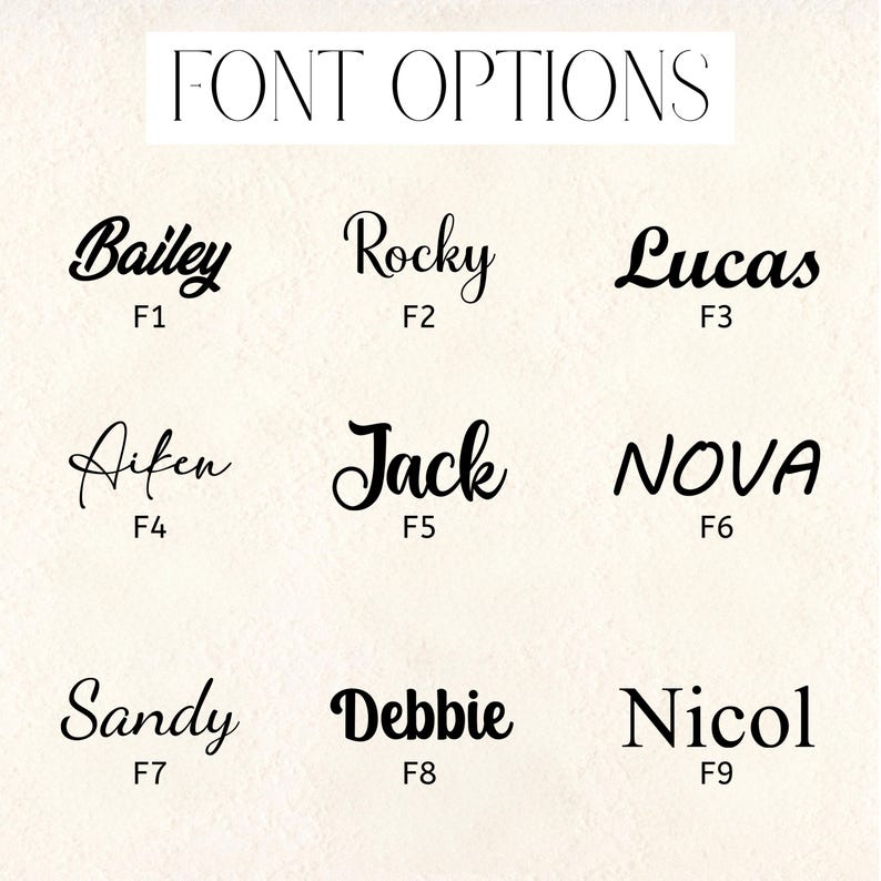 May include: A display of nine font options with names like Bailey, Rocky, and Lucas, each in a different style. The text "FONT OPTIONS" is at the top. Each font is labeled with a letter and number combination, such as F1, F2, and F3.