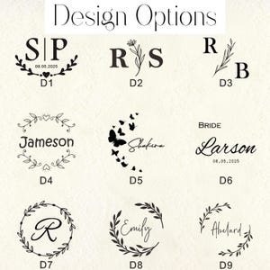 May include: A collection of design options featuring various fonts, initials, names, and dates. The designs include floral elements, butterflies, and decorative borders. The text "Design Options" is at the top.