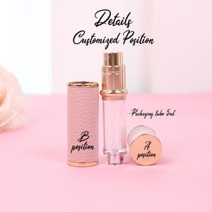 May include: A clear 5ml packaging tube with a rose gold cap and a pink leatherette case. The text "Details Customized Position" and "Packaging tube 5ml" are visible. The case is labeled "B position" and the cap is labeled "A position".