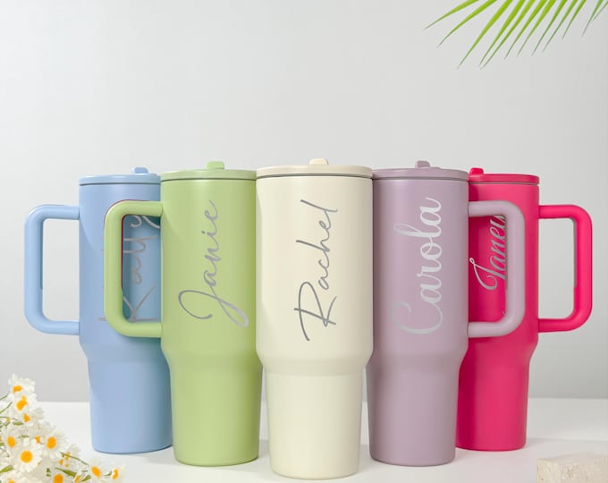 Personalized 40oz Engraved Tumbler/ Custom Logo Tumbler/ Custom Text Tumbler/ Bulk Order/ Tumbler with Handle & Straw/ Bridesmaid Proposal