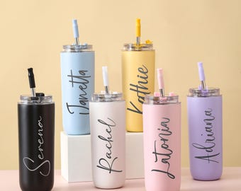 Personalized 16oz Stainless Steel Tumbler With Lid & Straw/ Engraved Cup For Women/ Bridesmaid Gift/ Beach Party Wedding Bachelorette Gift