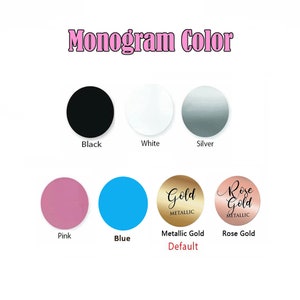 Puede incluir: Un gr&aacute;fico que muestra diferentes opciones de color para un monograma. Los colores incluyen negro, blanco, plateado, rosa, azul, oro met&aacute;lico y oro rosa. El texto "Oro met&aacute;lico" est&aacute; etiquetado como "Predeterminado".