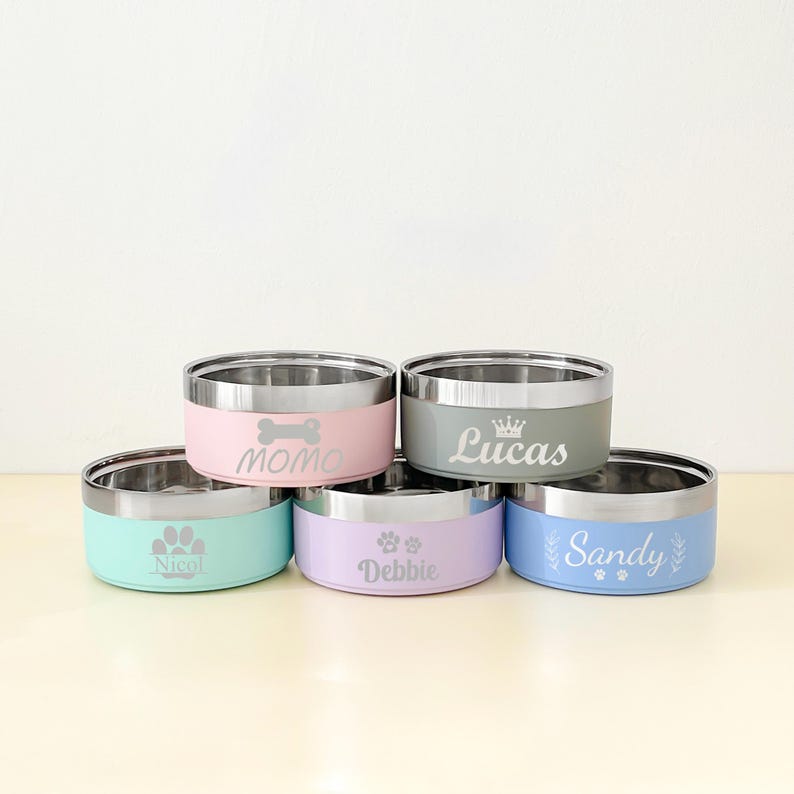 May include: Five stainless steel pet bowls with colored exteriors. The bowls are in pastel colors: pink, mint green, lavender, gray, and blue. Each bowl has a name and a graphic, such as a paw print or a bone.