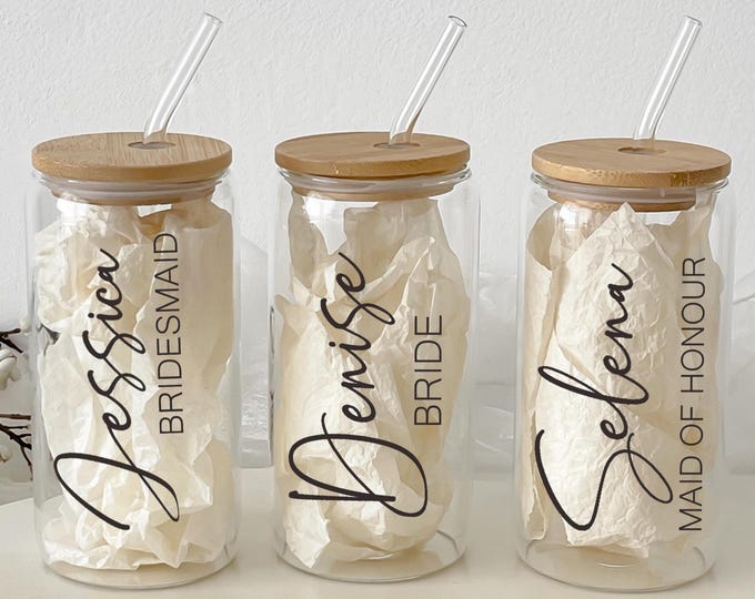 Customized Glass Tumbler/ Bridesmaid Gift/ Iced Coffee Tumbler/ Maid Of Honor Gift/ Bridesmaid Proposal/ Bachelorette Party/ 16oz Glass Cup