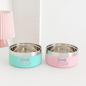 May include: Two stainless steel pet bowls with a light blue and pink base. The light blue bowl has the name "ELSA" and a bone graphic, while the pink bowl has "YODA" and a bone graphic. Both bowls have a silver rim.