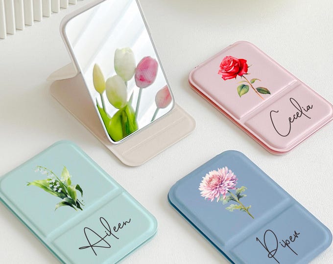 Personalized Square Makeup Mirror/ Travel Makeup Mirror/ Pocket Mirror with Custom Name and Logo/ Folding Makeup Mirror/ Bridesmaid Gift