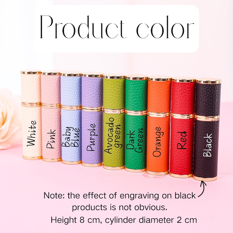 May include: A collection of cylindrical perfume bottles in various colors, including white, pink, baby blue, purple, avocado green, dark green, orange, red, and black. Each bottle is labeled with its color and has a gold-colored cap. The height is 8 cm, and the cylinder diameter is 2 cm.