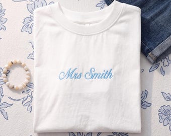 Personalized Mrs. Crop Top/ Custom Embroidered Bridal Shirt/ Bachelorette Party Tank/ Custom Last Name Wedding Tee/ Wedding Top for Bride