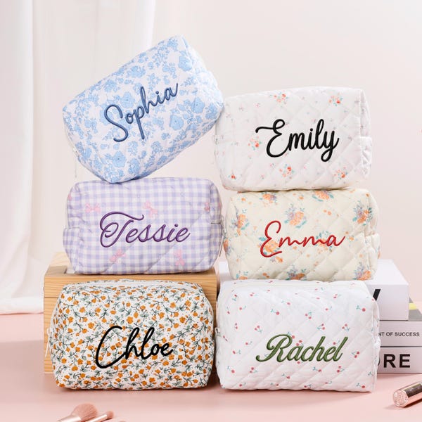 Personalized Embroidered Makeup Bag/ Custom Floral Cosmetic Bag/ Custom Makeup Bag/ Women Toiletry Bag/ Travel Makeup Pouch/ Bridesmaid Gift