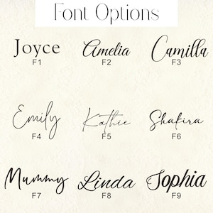 May include: Nine font options are displayed on a cream-colored background. The word "Font Options" is at the top. The names Joyce, Amelia, Camilla, Emily, Kathie, Shakira, Mummy, Linda, and Sophia are shown in different cursive fonts.