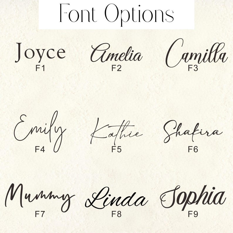 May include: Nine font options are displayed on a cream-colored background. The word "Font Options" is at the top. The names Joyce, Amelia, Camilla, Emily, Kathie, Shakira, Mummy, Linda, and Sophia are shown in different cursive fonts.