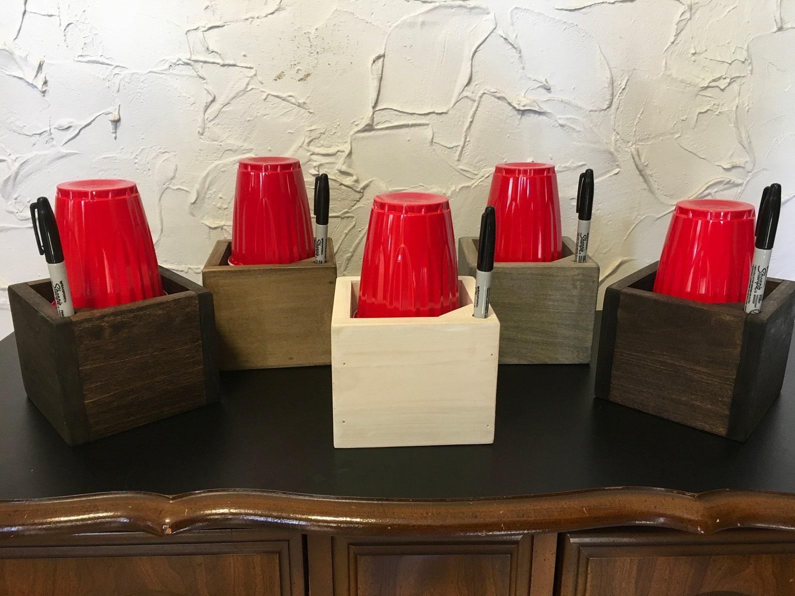 Solo Cup Holder With Sharpie. Party Cup Dispenser, Rustic Wooden Cup