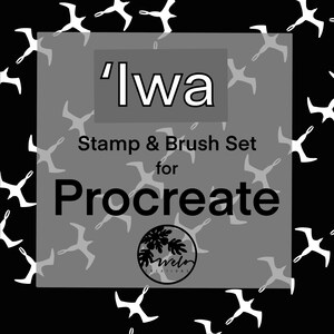 以下が含まれることがあります： 「'Iwa」という名前の、Procreate 用のグレーとホワイトのデジタルスタンプとブラシセット。「Welo Creations」による。このセットは、グレーの背景に白いスタイリッシュな鳥が繰り返しパターンで描かれている。