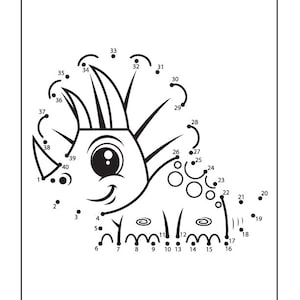 Peut inclure: Une activité de points à relier en noir et blanc représentant une licorne de dessin animé avec une corne, une crinière et une queue. Les chiffres de 1 à 40 sont dispersés autour de l'image, guidant l'utilisateur pour relier les points et révéler l'image.