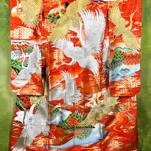Japanese wedding kimono, Japanese gorgeous bridal kimono,uchikake red kimono with gold crane and flower,free shipping