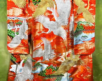 Japanese wedding kimono, Japanese gorgeous bridal kimono,uchikake red kimono with gold crane and flower,free shipping