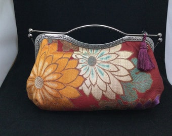 handbag frame, upcycle kimono, obimetalflame antique japanese obibelt 2way bag /flower/free shippingher, mom,