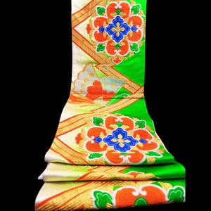 fukuro obi, kimono belt for kimono , table runner,japanese antique fabric,bothside embroidery,silk obibelt,gold crane
