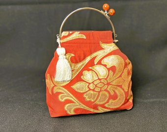 metal flame handle, japanese antique obibelt, upcycle cloths, 3way bag, free shipping, for mom