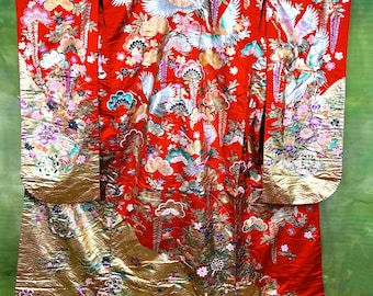japanese wedding kimono, Japanese gorgeous bridal kimono,uchikake red kimono with gold painting crane and flower,free shipping