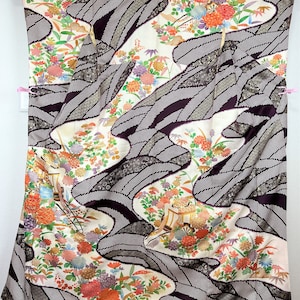 japanisch, antiker Furisode, Seidenkimono, Kimono-Robe, Morgenmantel, Geschenk, kostenloser Versand, traditionelle Ochsenkarrenstickerei