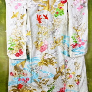 japanese wedding kimono, Japanese gorgeous bridal kimono,uchikake white kimono with gold crane and flower,free shipping