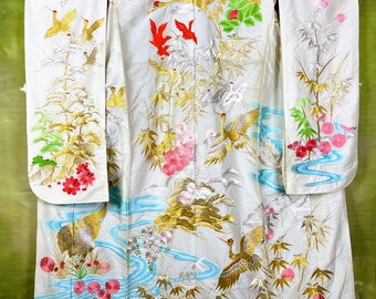 japanese wedding kimono, Japanese gorgeous bridal kimono,uchikake white kimono with gold crane and flower,free shipping